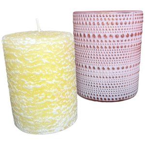 Large Pink CANDLE HOLDER Glass Embossed Dotted  w/ Yellow Pillar Candle 5" x 4"